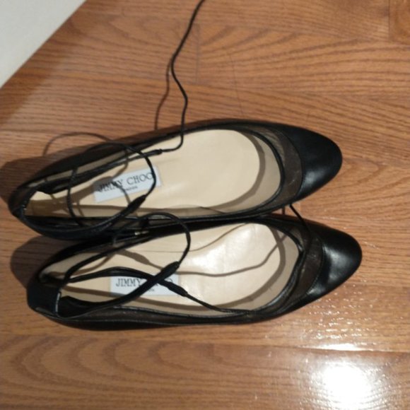 Black Leather JIMMY CHOO Tyler Mesh Ballet Ankle Tie Flats-39 - Picture 4 of 9